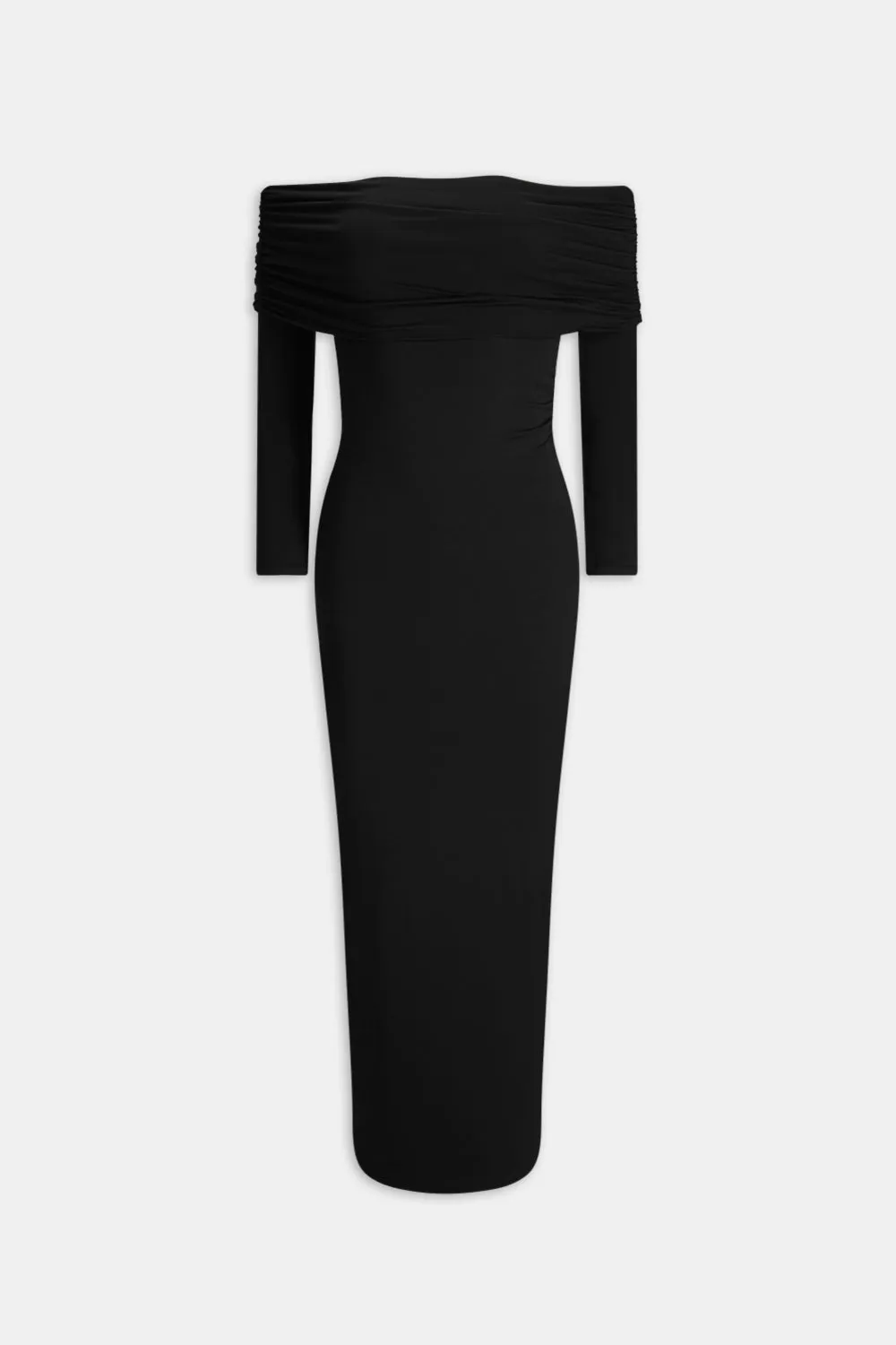365 RUCHED SIDE BARDOT MAXI DRESS - SHADOW BLACK