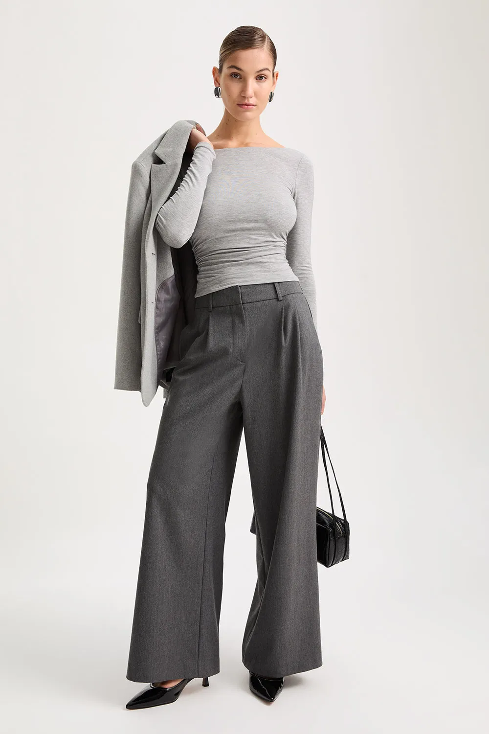 365 RUCHED SIDE OPEN BACK LONG SLEEVE TOP - GREY MARL
