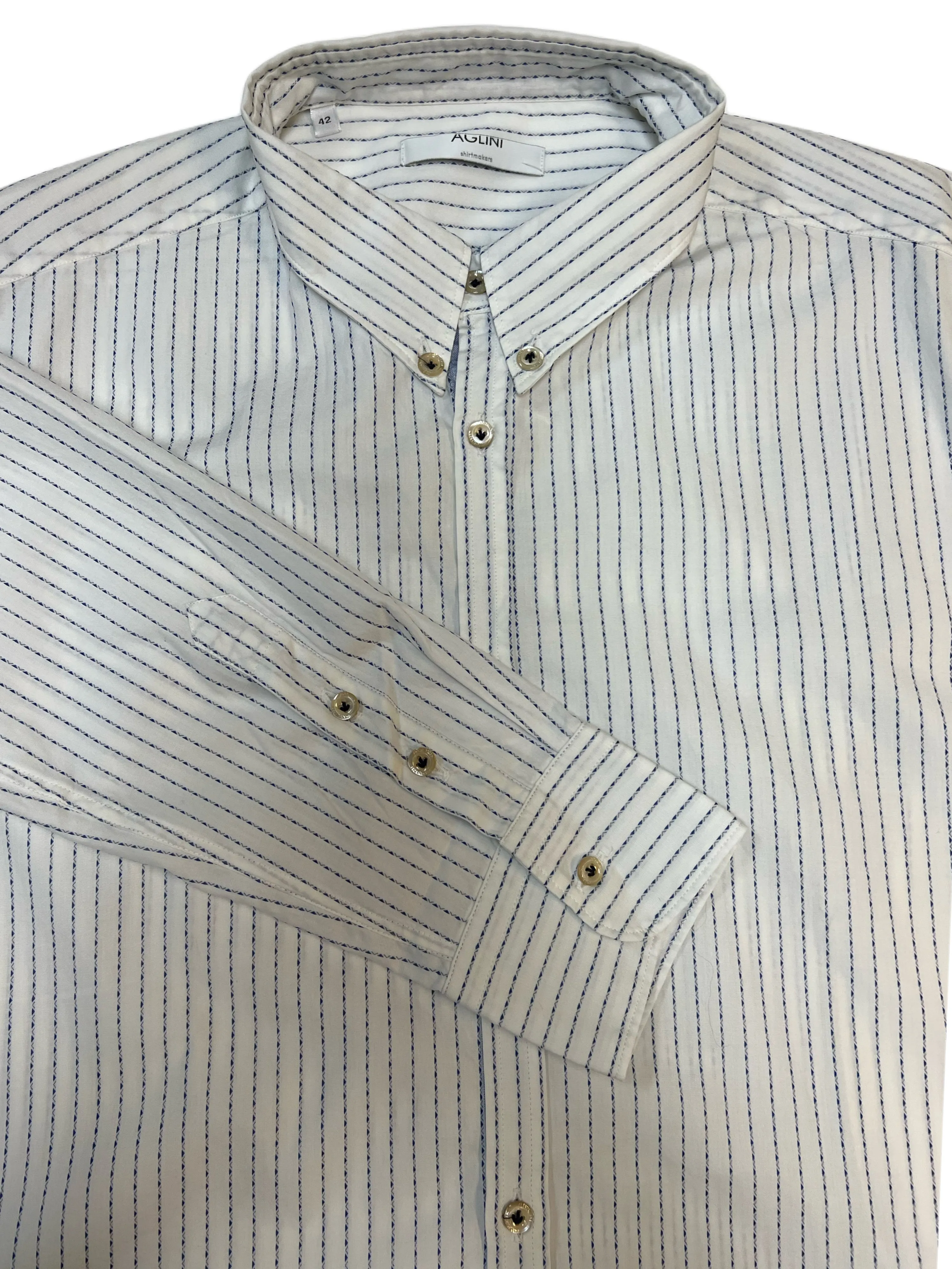 AGLINI Francescom Men's White Blue Striped Long Sleeve Dress Shirt Sz 42 NWT