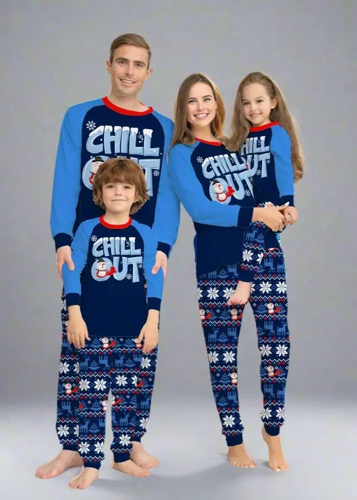 Family Matching Winter Pajama Set - "Chill Out" Snowman Print with Cozy Blue Snowflake Design