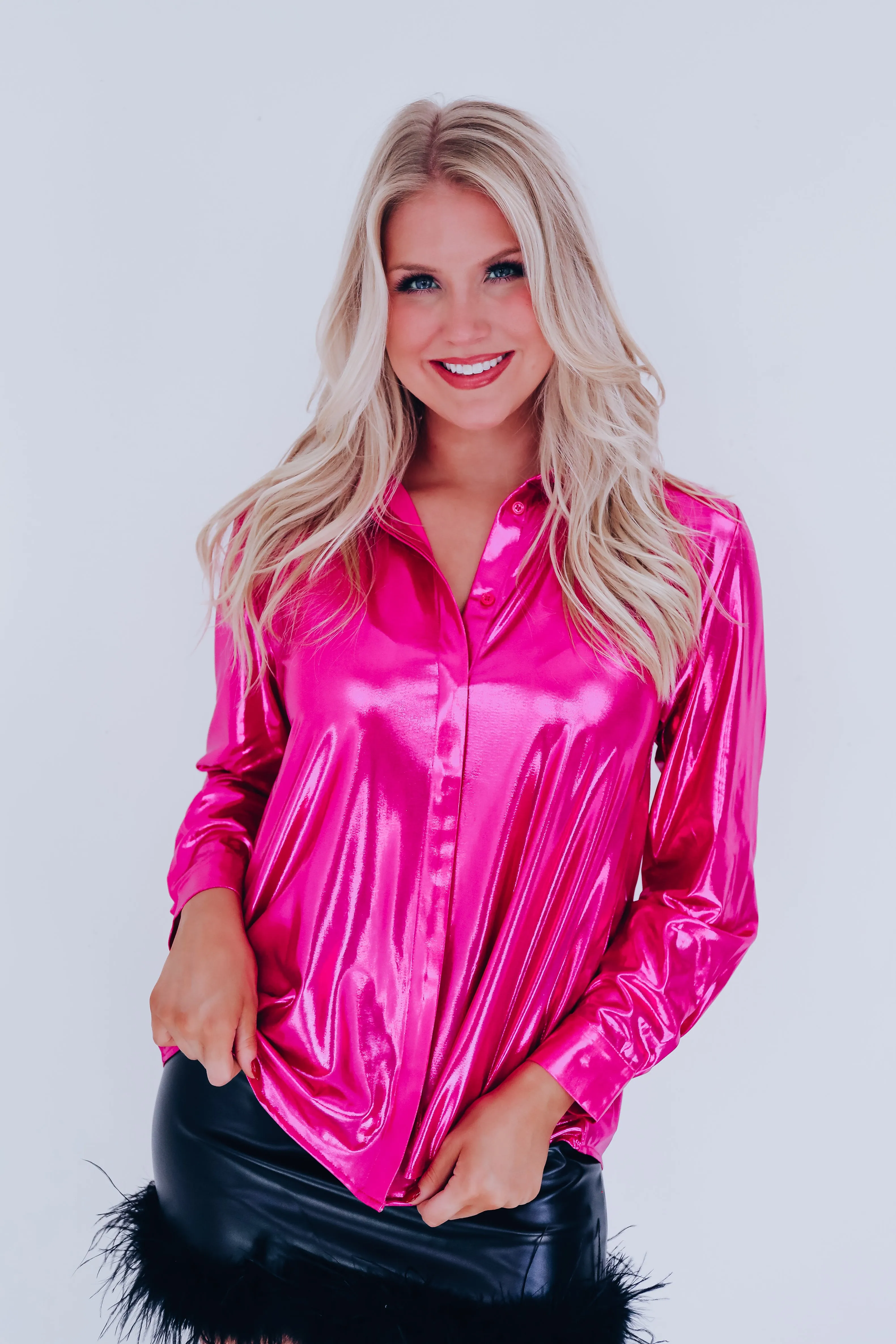 Lauren Lame Hidden Button Blouse - Pink