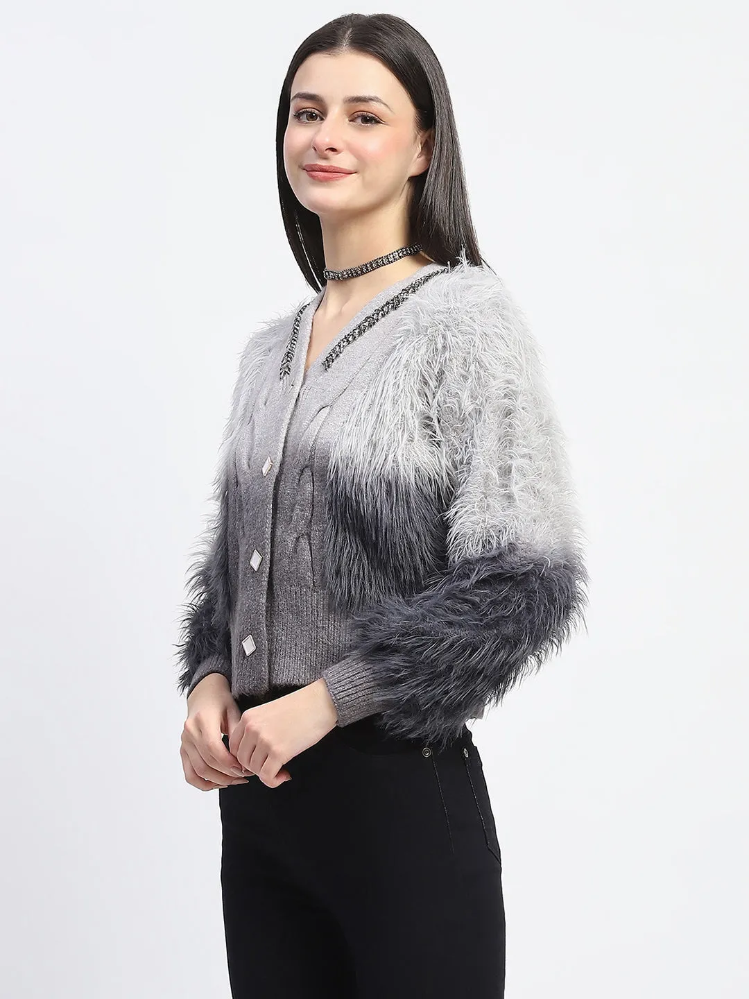 Madame Embellished Ombre V Neck Grey Sweater