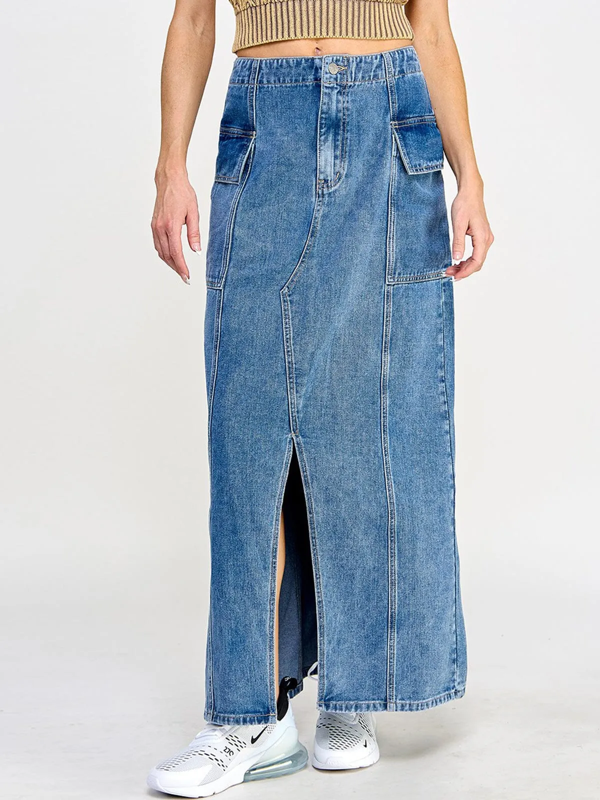WOMEN'S BUTTON CLOSURE POCKETS FRONT SLIT DENIM MAXI SKIRT